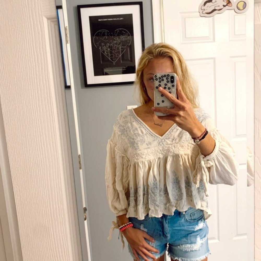 Cream & Light Blue American Eagle Blouse